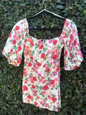 Zara Floral Puff Sleeve Mini Dress with Pink & Red Rose Print